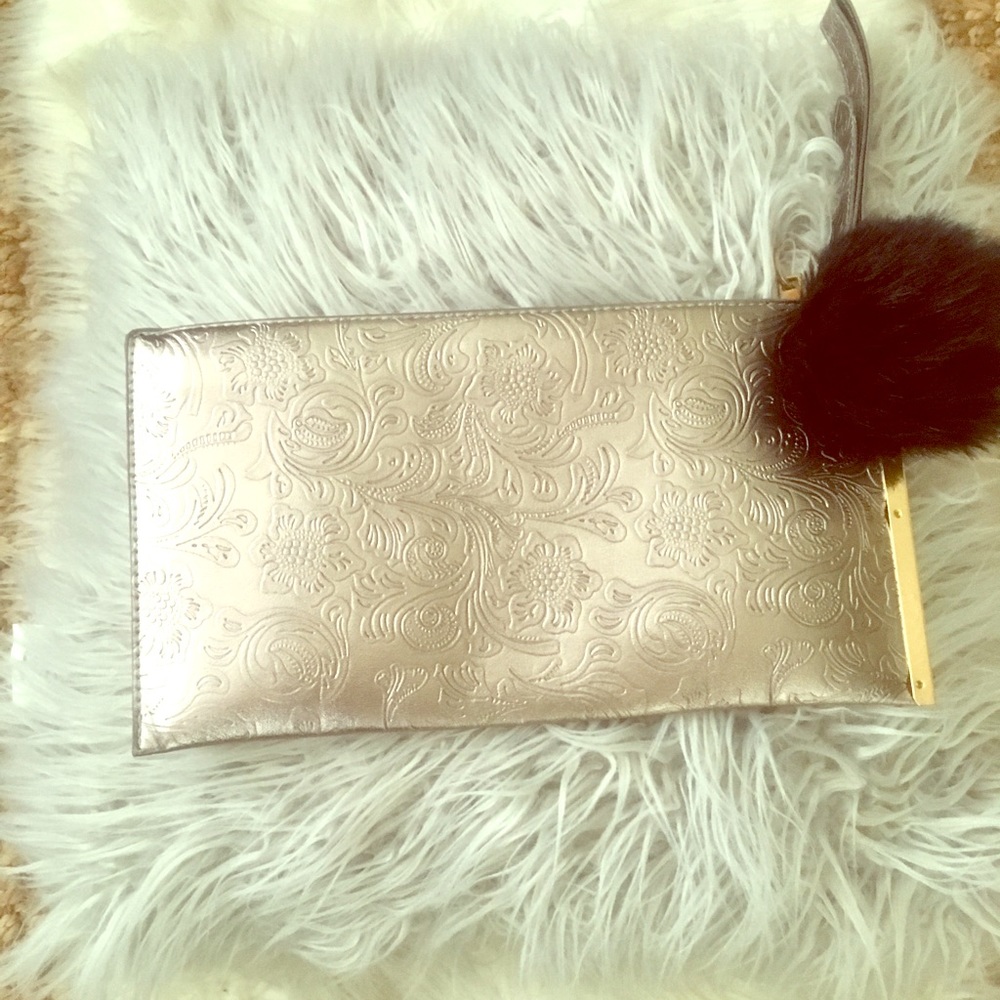 Embossed Clutch w/Black fur puff 12.5” x 6.5”